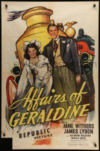 7z021 AFFAIRS OF GERALDINE 1sh '46 art of newly married Jane Withers & Jimmy Lydon & fire engine!
