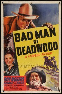 7z079 BAD MAN OF DEADWOOD 1sh '41 art of Roy Rogers with gun drawn, Gabby Hayes, Carol Adams!