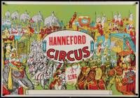 8c179 HANNEFORD CIRCUS horizontal style 28x39 circus poster '60s 3 ring artwork!
