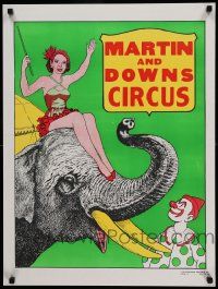 8c181 MARTIN & DOWNS CIRCUS 21x28 circus poster '70s under the big top, art of girl on elephant!