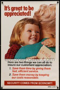 8c347 IT'S GREAT TO BE APPRECIATED 24x37 motivational poster '72 cute girl getting hugged!