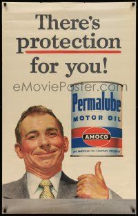 8c515 PERMALUBE MOTOR OIL 28x43 advertising poster '50s there's protection for you, great art!