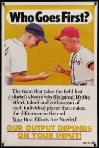8c353 WHO GOES FIRST 24x37 motivational poster '72 great image of two boys in baseball outfits!
