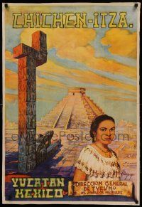 8c144 CHICHEN-ITZA 25x36 Mexican travel poster '50s Mayan Temple of Kukulcan by Florez-esp!