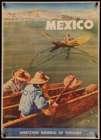 8c149 MEXICO 27x37 Mexican travel poster '48 cool artwork of canoes by Salvador Pruneda!