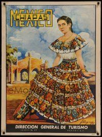 8c154 MEXICO 28x38 Mexican travel poster '52 cool artwork of woman by Florez-Esp, Chiapas!
