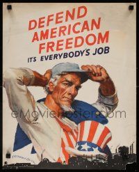 8c085 DEFEND AMERICAN FREEDOM 16x20 WWII war poster '42 worker Uncle Sam by McClelland Barclay!