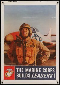 8c122 MARINE CORPS BUILDS LEADERS 28x40 military recruiting poster '50s pilot in front of jet!