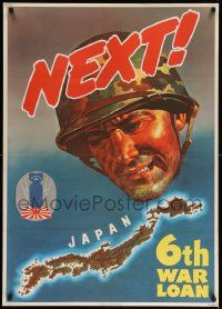 8c099 NEXT! 29x40 WWII war poster '44 6th War Loan, art of soldier over Japan by James Bingham!