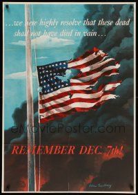8c102 REMEMBER DEC. 7TH! 28x40 WWII war poster '42 Saalburg art of tattered half-mast American flag