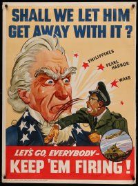 8c104 SHALL WE LET HIM GET AWAY WITH IT 30x40 WWII war poster '42 Uncle Sam slapped by Hirohito!