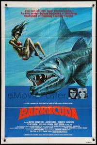 8g063 BARRACUDA 1sh '78 great colorful artwork of huge killer fish attacking sexy diver in bikini!