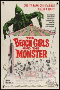 8g067 BEACH GIRLS & THE MONSTER 1sh '65 classic schlocky grade-Z movie, music by Frank Sinatra Jr