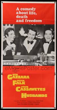 8j342 HUSBANDS int'l 3sh '70 c/u of Ben Gazzara, Peter Falk & John Cassavetes in tuxedos at bar!