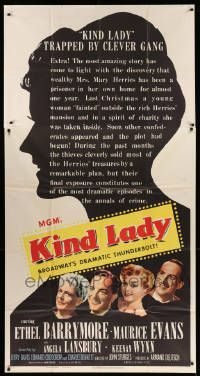 8j358 KIND LADY 3sh '51 John Sturges, Ethel Barrymore, Angela Lansbury, Keenan Wynn, Maurice Evans