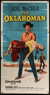 8j410 OKLAHOMAN 3sh '57 art of cowboy Joel McCrea holding Native American Gloria Talbot!