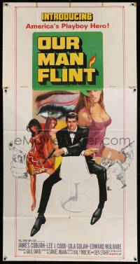 8j414 OUR MAN FLINT 3sh '66 Bob Peak art of James Coburn, sexy James Bond spy spoof!