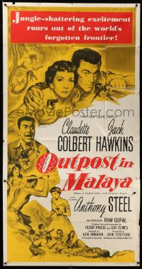 8j415 OUTPOST IN MALAYA 3sh '52 Claudette Colbert, Jack Hawkins, jungle-shattering excitement!