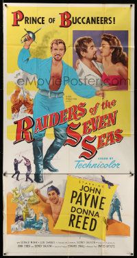 8j425 RAIDERS OF THE SEVEN SEAS 3sh '53 suave pirate John Payne romances sexy Donna Reed!