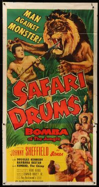8j435 SAFARI DRUMS 3sh '53 Johnny Sheffield as Bomba the Jungle Boy with spear fighting lion!