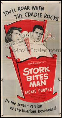 8j460 STORK BITES MAN 3sh '47 wacky art of Jackie Cooper & Meg Randall in baby cradle with stork!