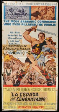 8j469 SWORD OF THE CONQUEROR 3sh '62 great art of Jack Palance as barbarian holding sexy girl!