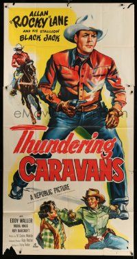 8j477 THUNDERING CARAVANS 3sh '52 great artwork of cowboy Rocky Lane w/smoking gun & Black Jack!