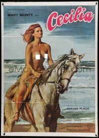 8j574 CECILIA Italian 1p '80s close up of sexy naked Mary Monty riding horse on the beach!