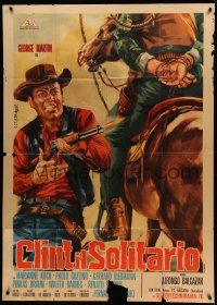 8j586 CLINT THE STRANGER Italian 1p '67 Stefano spaghetti western art of cowboy on horse by noose!