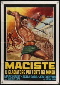 8j587 COLOSSUS OF THE ARENA Italian 1p R67 cool art of Mark Forest as Maciste with trident!