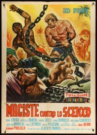 8j871 SAMSON AGAINST THE SHEIK Italian 1p '62 art of strongman Ed Fury with huge chains by Rene!