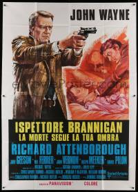 8j029 BRANNIGAN Italian 2p '75 cool different art of detective John Wayne pointing gun!