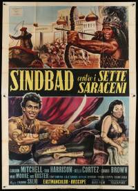 8j155 SINBAD AGAINST THE 7 SARACENS Italian 2p '64 DeAmicis art of Gordon Mitchell & harem girl!