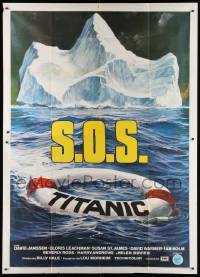 8j144 S.O.S. TITANIC Italian 2p '79 great different art of iceberg & life preserver in ocean!