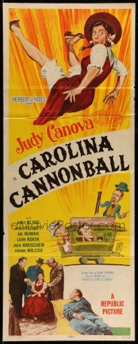 8m598 CAROLINA CANNONBALL insert '55 wacky art of Judy Canova on tiny train, sci-fi comedy!