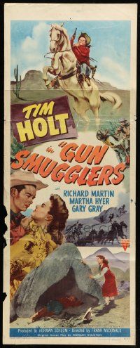 8m683 GUN SMUGGLERS insert '49 cowboy Tim Holt on horse & romancing pretty Martha Hyer!
