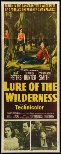 8m783 LURE OF THE WILDERNESS insert '52 art of sexy Jean Peters & wounded Jeff Hunter in swamp!