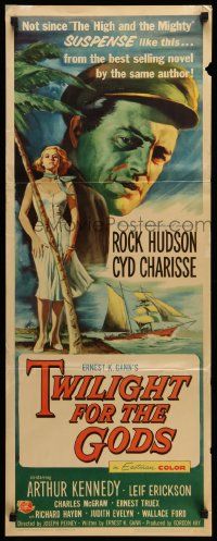 8m977 TWILIGHT FOR THE GODS insert '58 great artwork of Rock Hudson & sexy Cyd Charisse on beach!