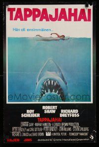 8p041 JAWS Finnish '75 art of Steven Spielberg's classic man-eating shark attacking sexy swimmer!