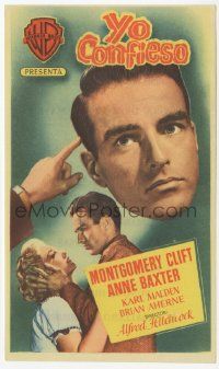8s359 I CONFESS Spanish herald '54 Alfred Hitchcock, Montgomery Clift grabbing Anne Baxter!