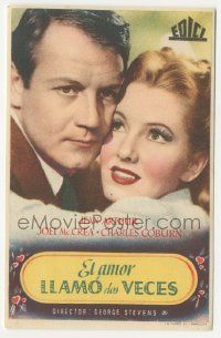 8s482 MORE THE MERRIER Spanish herald '47 romantic c/u of Jean Arthur & Joel McCrea, George Stevens