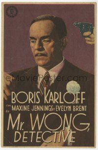 8s484 MR. WONG, DETECTIVE Spanish herald '44 c/u of Asian Boris Karloff with gun to his head!