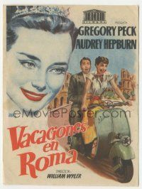 8s583 ROMAN HOLIDAY Spanish herald R1950s Jano art of Audrey Hepburn & Gregory Peck riding on Vespa!