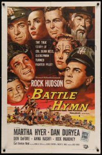 8y072 BATTLE HYMN 1sh '57 art of Rock Hudson as clergyman turned fighter pilot, Hyer, top cast!
