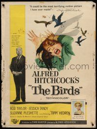 8z335 BIRDS 30x40 '63 director Alfred Hitchcock shown, Tippi Hedren, classic attack artwork!