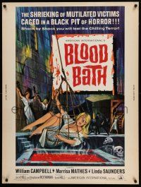 8z338 BLOOD BATH 30x40 '66 AIP, cool artwork of sexy babe being lowered into a pit of horror!