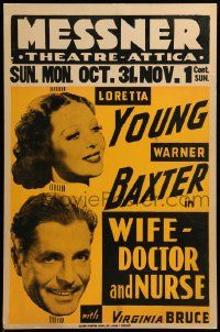 8z080 WIFE, DOCTOR & NURSE local theater jumbo WC '37 smiling Warner Baxter & Loretta Young!