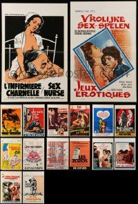 9a290 LOT OF 19 FORMERLY FOLDED 14X22 BELGIAN SEXPLOITATION POSTERS '70s-90s sexy images w/nudity!