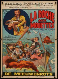 9b021 LA ROCHE AUX MOUETTES pre-war Belgian '33 stone litho artwork of children in peril at sea!