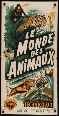 9b429 ANIMAL WORLD French 15x30 '56 Mascii artwork of prehistoric dinosaurs & jungle animals!